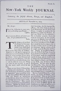 Titulní strana New-York Weekly Journal pojednávající o svobodě tisku od American School
