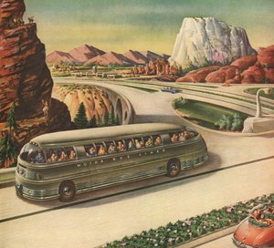 Futuristický osobní autobus na dálnici na americkém jihozápadě od American School