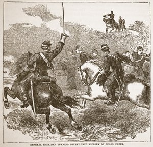 Generál Sheridan mění porážku ve vítězství u Cedar Creeku, z knižní publikace. 1896 od American School