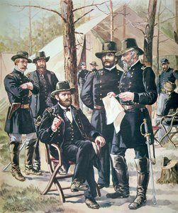 Generál Ulysses Simpson Grant, velitel sil Unie v bitvě u Shiloh, 6.-7. dubna 1862 (barevně lito) od American School