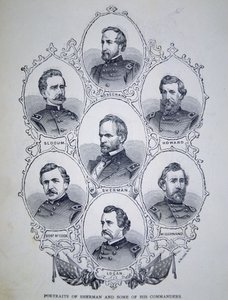 Generál William Tecumseh Sherman (1820-91) a někteří z jeho velitelů armády Unie (rytina) od American School