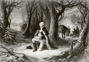George Washington se modlí v táboře americké revoluční války ve Valley Forge v zimě 1777-78, podle obrazu Henryho Bruecknera od American School