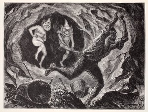 Gnómové děsí horníka, ze Světového průvodce po trpaslících, vílách, elfech a dalších malých lidech od Thomase Keightleyho (1789-1872) Vydáno 1880 od American School