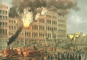 Great Fire on Lake Street, od Chicago Illustrated, s literárními popisy Jamese W. Sheahana, vydal Jevne & Almini, Chicago, 1866-67 od American School