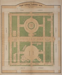 Půdorys budov Velkého centrálního sanitárního veletrhu, Logan Square, červen 1864 (barevná litografie) od American School