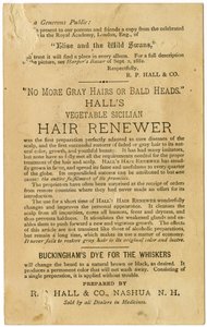 Halls Vegetable Sicilian Hair Renewer, navrací šedým vlasům jejich původní barvu a zabraňuje plešatění. Verso, (litografie [obchodní karta]) od American School