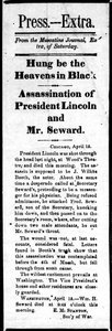Titulek oznamující atentát na Abrahama Lincolna (1809-65) a pokus o atentát na Williama Sewarda (1801-72) z Press Extra, 15. dubna 1865 (tisk) od American School