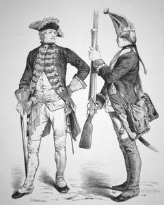 Hesenští vojáci z roku 1770 v uniformách z americké války za nezávislost (rytina) od American School