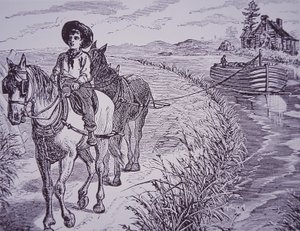 Koně táhnoucí loď na kanálu na vlečné cestě, Erie Canal (rytina) od American School