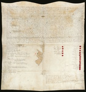 Indiánská smlouva, Eastonská konference, Pensylvánie, 23. října 1758 (pero a tuš s voskem na pergamenu) od American School