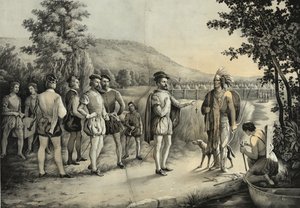 Jacques Cartier, jeho první rozhovor s indiány v Hochelaga nyní Montreal v roce 1535, kolem roku 1850 od American School