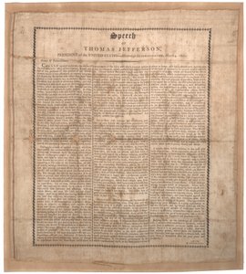 Jeffersonův první inaugurační projev, tiskl Pechin, Baltimore, 4. března 1801 (litho na hedvábí) od American School