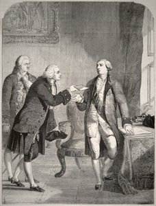 John Adams (1735-1826) jako první americký velvyslanec u anglického dvora, předal své pověřovací listiny králi Jiřímu III. (1738-1820) (litografie) od American School