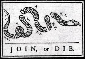 Kresba Join or Die je první politickou karikaturou publikovanou v „Pennsylvania“, Gazette od Benjamina Franklina v roce 1754. Představuje hada rozděleného do několika sekcí s legendou „“ Join or Die““. Toto je výzva k 13. americkému c od American School
