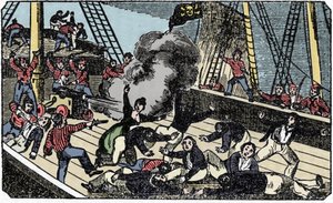 Smrt pirátského gentlemana Jeana Lafittea (1780-1826), rytina „Pirátská vlastní kniha“ 1837. od American School