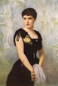 Lady Randolph Spencer-Churchill, rozená slečna Jennie Jeromeová z New Yorku, která se provdala za lorda Randolpha Spencera-Churchilla (barva lito) od American School