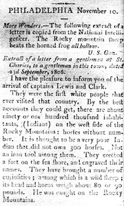 Dopis oznamující příjezd kapitánů Lewise a Clarka z The Boston Intelligencer, 19. listopadu 1806 (tisk) od American School