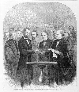 Lincoln složil přísahu na své druhé inauguraci, 4. března 1865, publikováno 1865 od American School