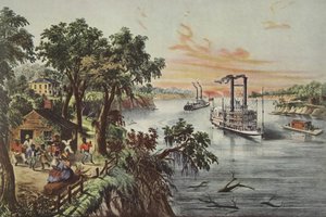 Nízká voda v Mississippi, hospoda. 1868, Currier & Ives (barevné lito) od American School