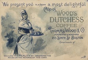 Pokojská podávající kávu, reklama na Woods Duchess Coffee, Boston