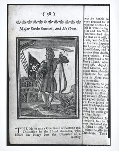 Major Stepe Bonnet, strana 38 z Historie a životy všech nejznámějších pirátů a jejich posádek, Londýn, 1725 od American School
