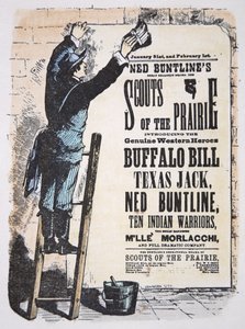 Muž vystavující účet divadla za hru „Scouts of the Prairie“ v hlavní roli Buffalo Bill Cody (1846-1917), Texas Jack (1846-79) a Ned Buntline (1823-86) kolem roku 1874 (barevná rytina) od American School