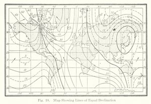 Mapa zobrazující linie stejné deklinace (litografie) od American School