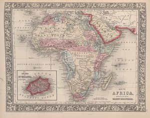 Mapa Afriky zobrazující její nejnovější objevy s ostrovem Svaté Heleny vloženým z Mitchellova nového obecného atlasu, 1863 (barevná rytina)