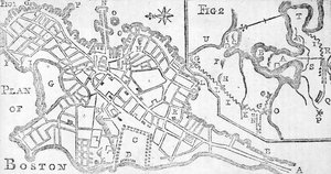 Mapa Bostonu, vytištěná v Bickerstaffs Albany Almanack, 1776 (tisk)