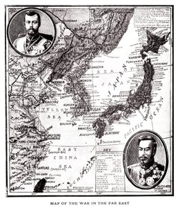 Mapa východního Ruska, Koreje a Japonska během japonsko-ruského konfliktu (1904-1905). V medailonu ruský car Mikuláš II. (1868-1918) a japonský císař Meidži (1852-1912). Ilustrace, v knize "Rusko a Japonsko a kompletní dějiny války ve od American School
