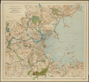 Mapa metropolitní čtvrti Boston, Massachusetts: zobrazující místní veřejné rezervace a držení Metropolitan Park Commission, 1901 od American School