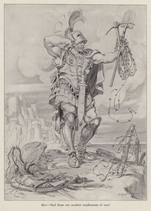 Mars, římský bůh války, držící lopaty a ostnatý drát používaný v zákopové válce (litografie) od American School