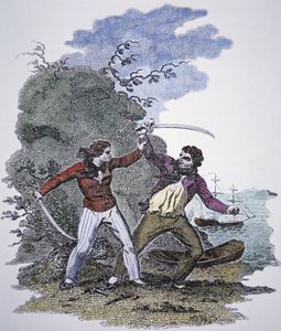 Mary Read bojuje s dalším pirátem, aby zachránila život svému milenci (barevná rytina) od American School