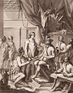 Montezuma předává svou říši španělskému králi, vzdává mu hold a slibuje poslušnost, od Antonia de Solis y Rivadeneira Solis Historie dobytí Mexika, vyryla Ximeno od American School