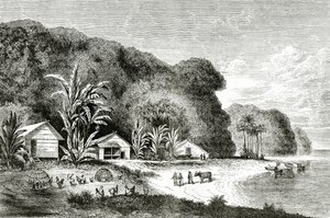 Ústa řeky Saigon, ilustrace z návštěvy Saigonu od Waltera Rose, publikovaná v Appletons Journal, 4. května 1872 od American School