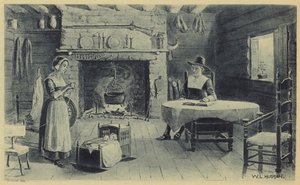 Domov průkopníků Nové Anglie (litografie) od American School