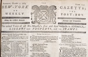 Tiráž New York Gazette vyjadřující svůj odpor ke známkám, vytištěno 7. listopadu 1765 (tisk) od American School