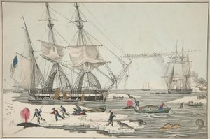 North Sea Whale Fishery, hospoda. 1860 (barevné lito) od American School