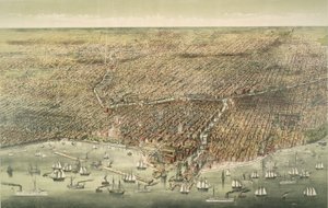 Panoramatický pohled na město Chicago, pub. 1892 (barevná litografie) od American School