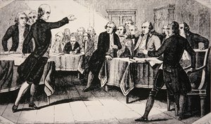 Patrick Henry před shromážděním ve Virginii v březnu 1775 (litho) od American School