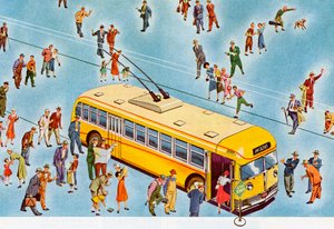 Chodci nastupují do městského autobusu od American School