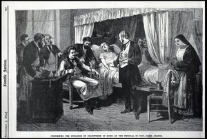 Provádění operace transfuze krve v nemocnici Pity, Paříž, Francie, ilustrace od American Scientist od American School
