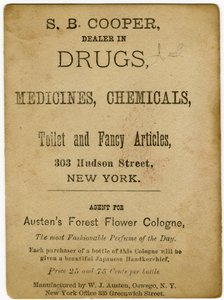 Parfémováno Austens Forest Flower Cologne; S.B, Cooper, obchodník s drogami? [vizitka verso] (tisk) od American School