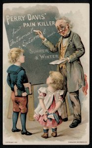 Perry Davis lék proti bolesti, reklama z poloviny 19. století (chromolitho) od American School