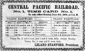 Fotografický tisk původního jízdního řádu Central Pacific Railroad Companys pro 6. června 1864, 1864 od American School