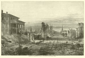 Část Charlestonu vystavena požáru federální flotily, srpen 1863 od American School