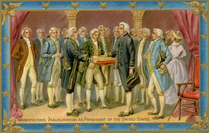 Pohlednice zachycující prezidentskou inauguraci George Washingtona (tisk) od American School