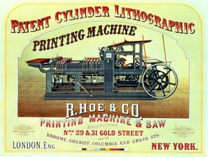 Plakát s reklamou Patent Cylinder Lithographic Printing Machine, R. Hoe & Co., Londýn a New York