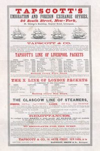 Reklamní plakát Tapscotts Emigration and Foreign Exchange Offices, New York, leden 1859