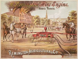 Plakát propagující hasičský motor Remington vyrobený společností Remington Agricultural Company, kolem roku 1890